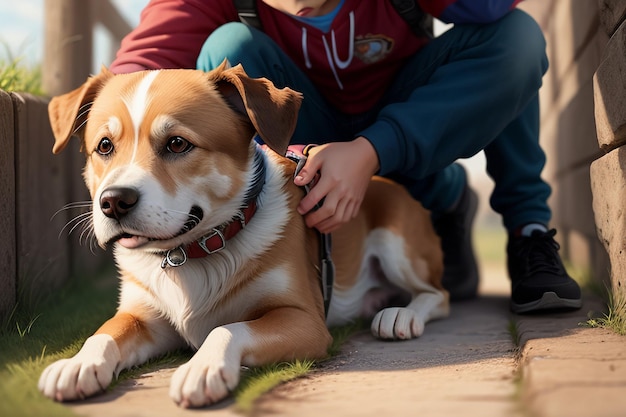 Cão de estimação fofo da família e menino proprietário se divertindo juntos ilustração de fundo de papel de parede