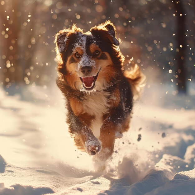 Cão de estimação Golden Retriever correndo na neve