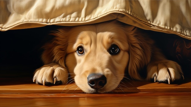 Cão de estimação Golden Retriever escondido debaixo da cama imagem Arte gerada por IA