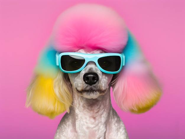 Cão de estimação poodle na moda usando óculos escuros