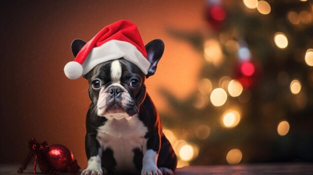 cão de estimação vestindo um chapéu de Papai Noel e sentado obedientemente na frente de uma árvore de Natal