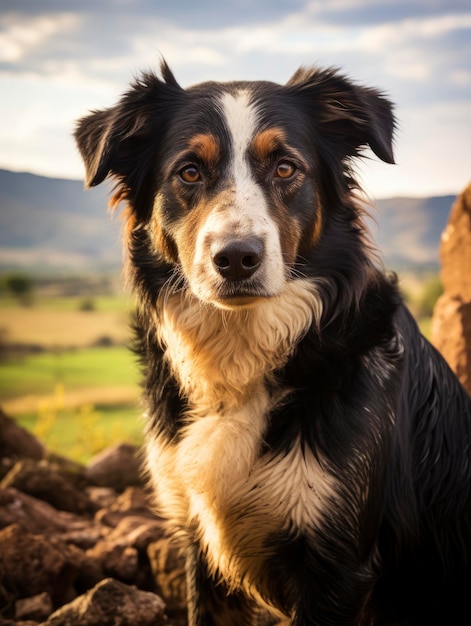 Cão de fazenda pastor com a captura de paisagem no fundo