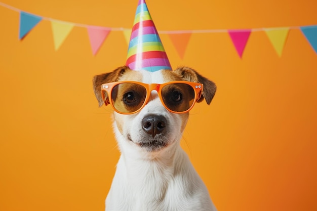 Cão de festa engraçado vestindo chapéu de verão colorido e óculos de sol elegantes fundo laranja