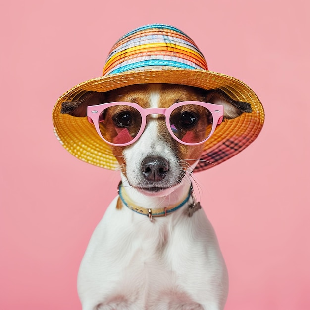 Cão de festa engraçado vestindo chapéu de verão colorido e óculos de sol elegantes fundo rosa