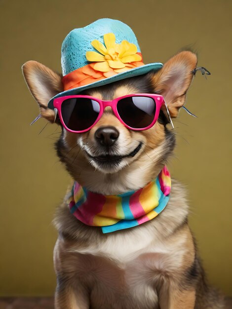 Cão de festa engraçado vestindo chapéu de verão colorido e óculos de sol elegantes