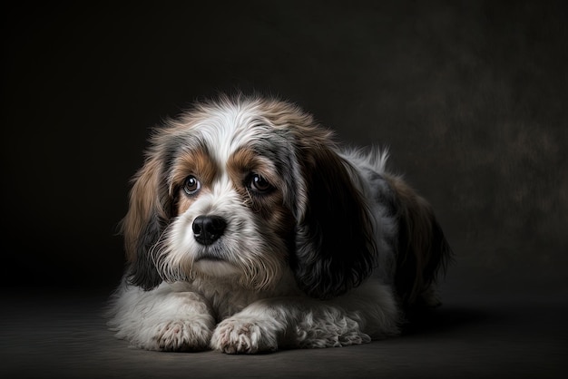 Cão de fundo cinza deitado no chão