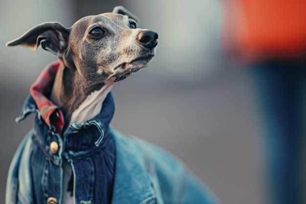 Cão de galgo engraçado a desfilar numa passarela de moda