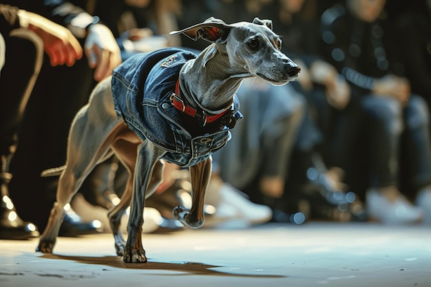 Cão de galgo engraçado a desfilar numa passarela de moda