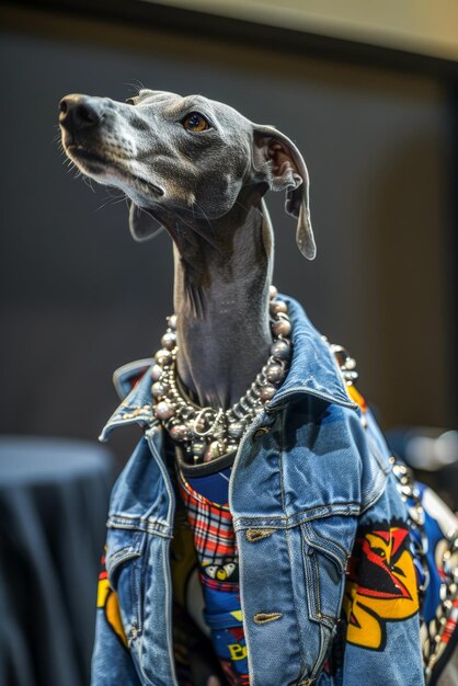 Cão de galgo engraçado a desfilar numa passarela de moda