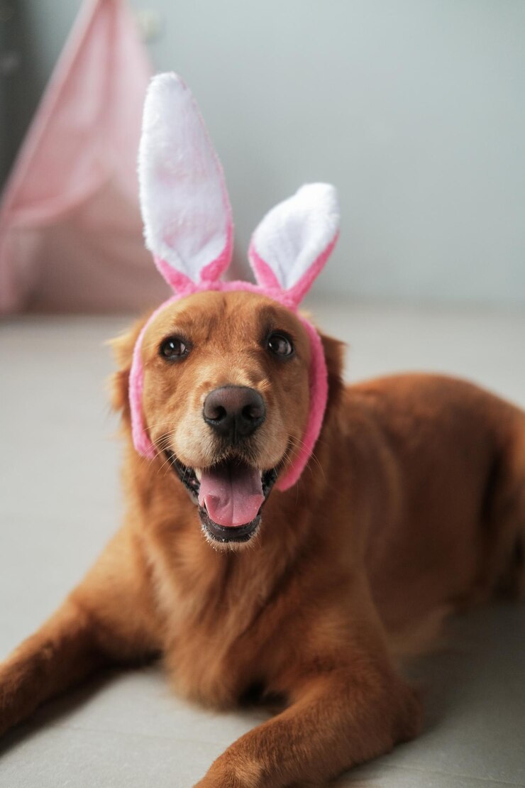 Foto cão de páscoa da raça golden retriever com uma faixa na cabeça com orelhas de coelho