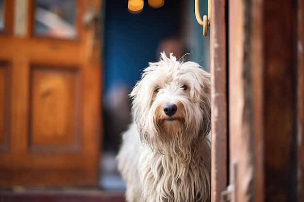 Cão de pastor atrás de uma porta de madeira aberta