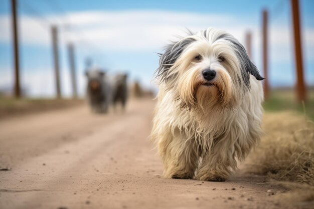 Cão de pastor em uma estrada de terra alinhada com gado cercado