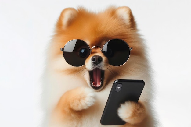 Cão de Pomerânia chocado com óculos de sol segurando um smartphone em fundo branco