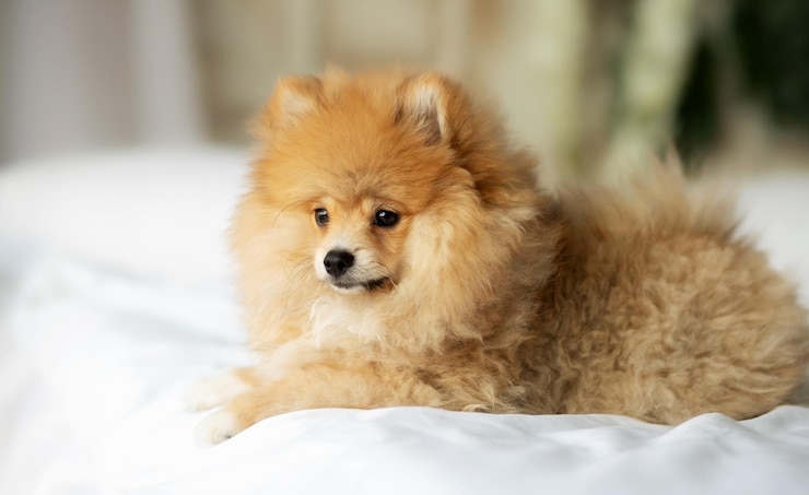Foto cão de pomerânia deitado na cama e olhando para a câmera