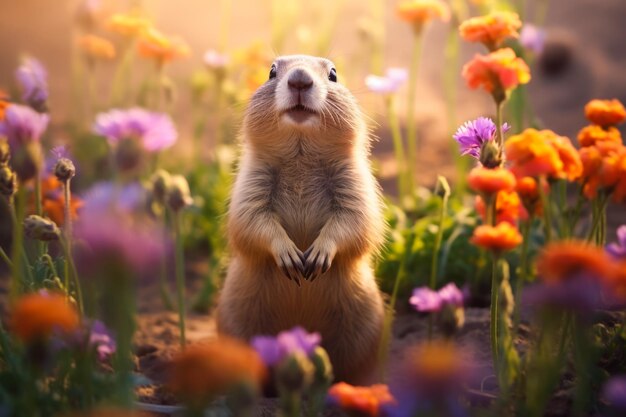 Cão de pradaria na vida selvagem Cão de pradaria bonito no campo de verão com flores.