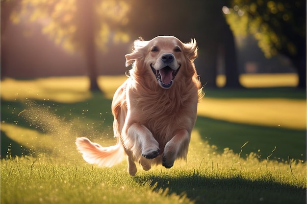 Cão de raça golden retriever corre pela grama ao sol