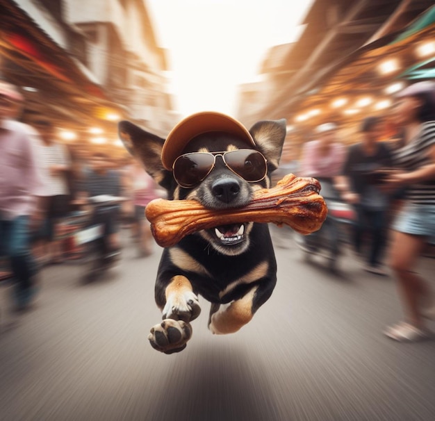 Cão de raça mista sábio ladrão usar boné óculos de sol escapar correr mercado de rua roubo de carne bife osso