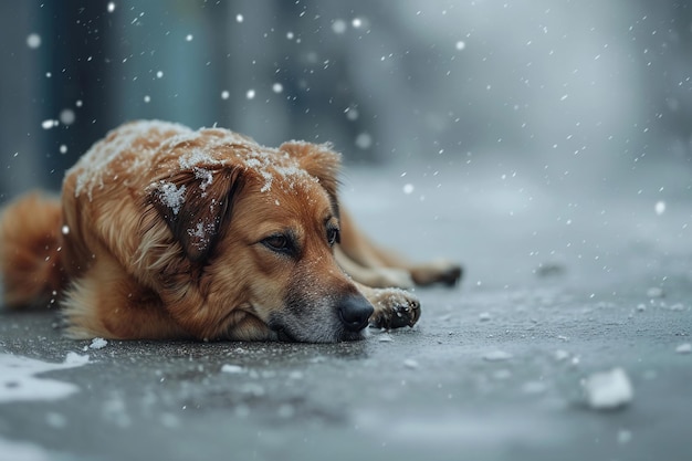 Cão de raça mista solitário congelando na rua enquanto neva