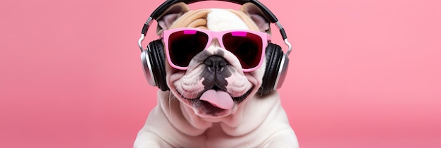 Cão de raça pura elegante Bulldog inglês vestindo roupas esportivas elegantes e ouvindo música em fones de ouvido contra o fundo rosa do estúdio Conceito de animais humor animais de estimação estilo veterinário de moda