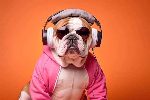 Cão de raça pura elegante Bulldog inglês vestindo roupas esportivas elegantes e ouvindo música em fones de ouvido contra o fundo rosa do estúdio Conceito de animais humor animais de estimação estilo veterinário de moda