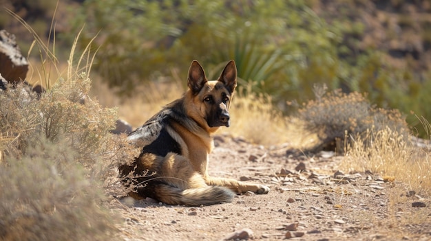 Cão de rastreamento à procura de uma pessoa desaparecida na trilha do deserto de Sonora, no Arizona