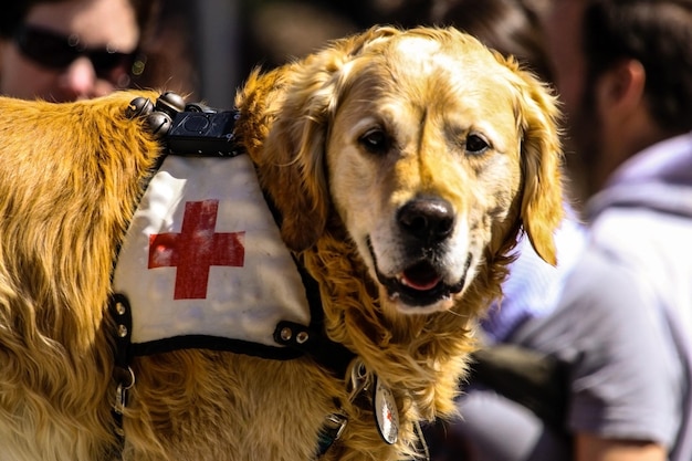Cão de resgate da Cruz Vermelha olhando para a câmera