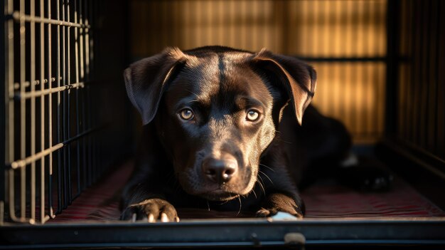 Foto cão de separação numa caixa