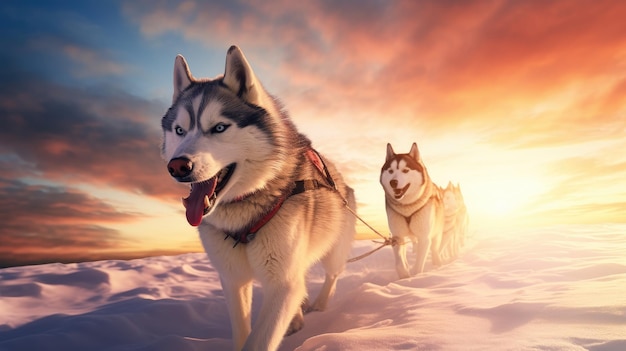 Cão de trenó Husky siberiano está dirigindo um trenó por uma floresta coberta de neve no inverno criada com tecnologia Generative Al