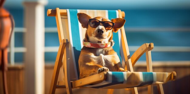 Cão de verão férias animal de estimação cadeira engraçada praia preguiçosa relaxar óculos de sol IA generativa