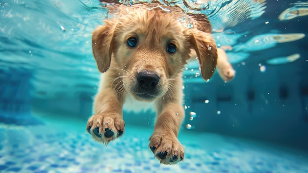 Foto cão de verão golden labrador retriever cachorro brincando debaixo d'água na piscina com a família