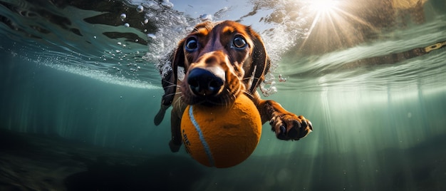 Cão debaixo d'água com bola de tênis IA generativa