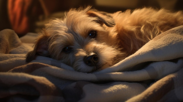 Cão deitado em um cobertor na cama