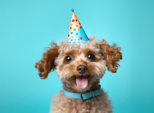 Cão desleixado feliz comendo com bolo de aniversário e chapéu de festa fundo azul com espaço de cópia ao lado Criado com tecnologia de IA generativa