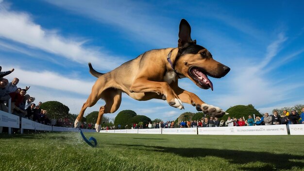 Foto cão desportivo a actuar durante a corrida de isca em competição