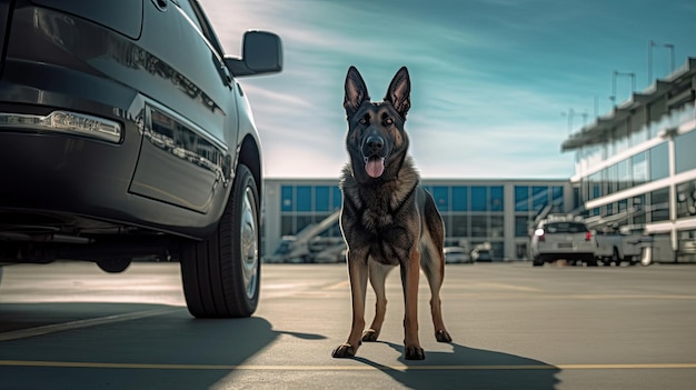 Cão detector de drogas farejando carro no aeroporto Cão policial Cão farejador Generative Ai