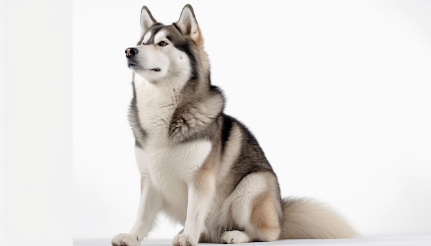 Cão do Alasca sentado contra um fundo branco