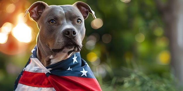 Cão do lado de fora vestindo uma capa de bandeira americana fundo Ai Gerado