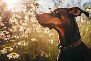 Foto cão doberman cheirando margaridas no estilo de foto geográfica nacional