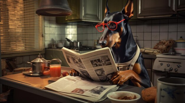 Foto cão doberman preto lendo e segurando um jornal