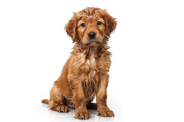 cão doméstico bonito lavando-se molhado de água em fundo branco isolado