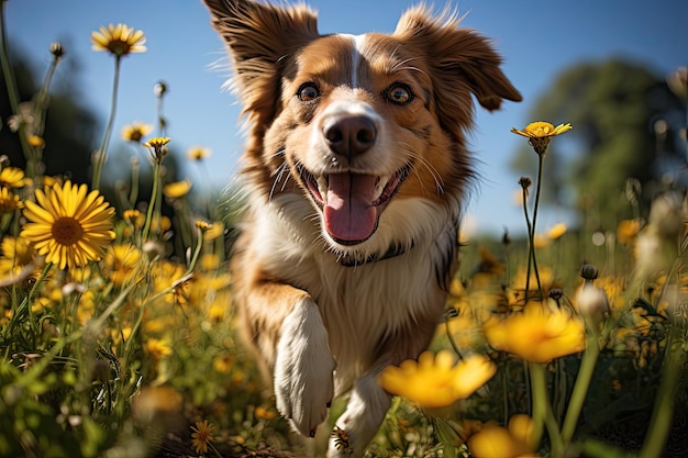 Cão dourado brinca felizmente entre margaridas em um campo ensolarado generativo IA