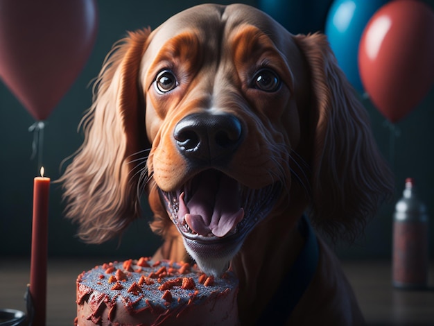 Cão e bolo de feliz aniversário.