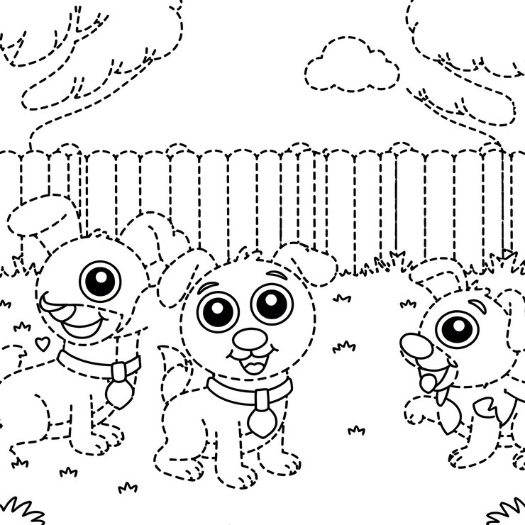 Foto cão e cachorros brincando em um quintal crianças desenho animado livro de colorir ilustração digital