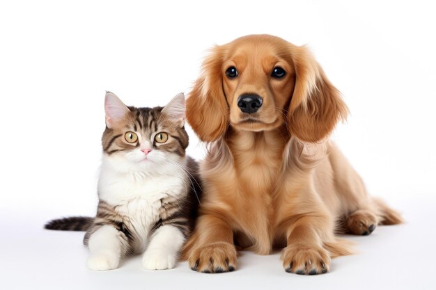 Foto cão e gato adoráveis em fundo branco