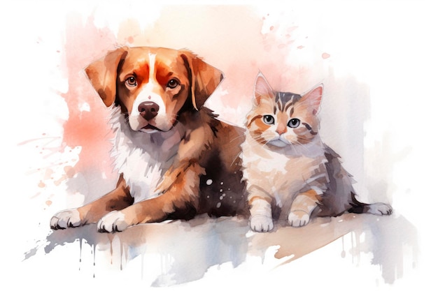 Cão e gato aquarela cópia mockup de espaço