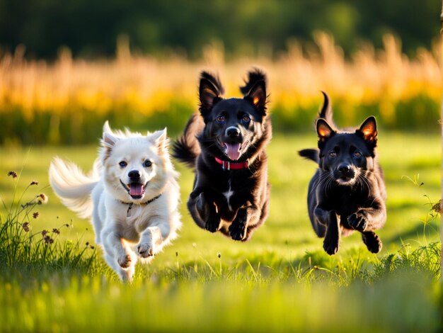 Cão e gato bonitos deitados juntos em um campo de grama verde natureza em um fundo ensolarado de primavera