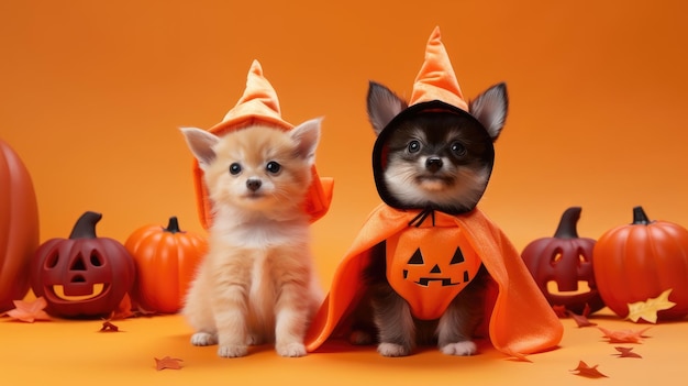 Cão e gato de estimação de Halloween usando fantasia de Halloween