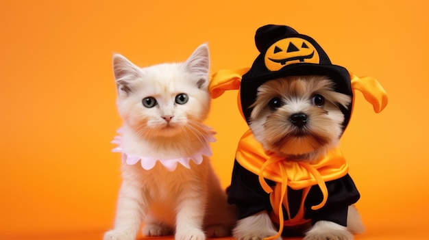 Cão e gato de estimação de Halloween usando fantasia de Halloween