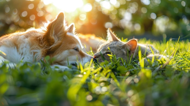 Cão e gato deitados na grama