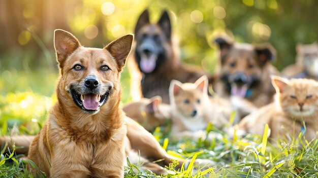 Foto cão e gato deitam-se juntos na pradaria dia mundial da memória dos animais de coração